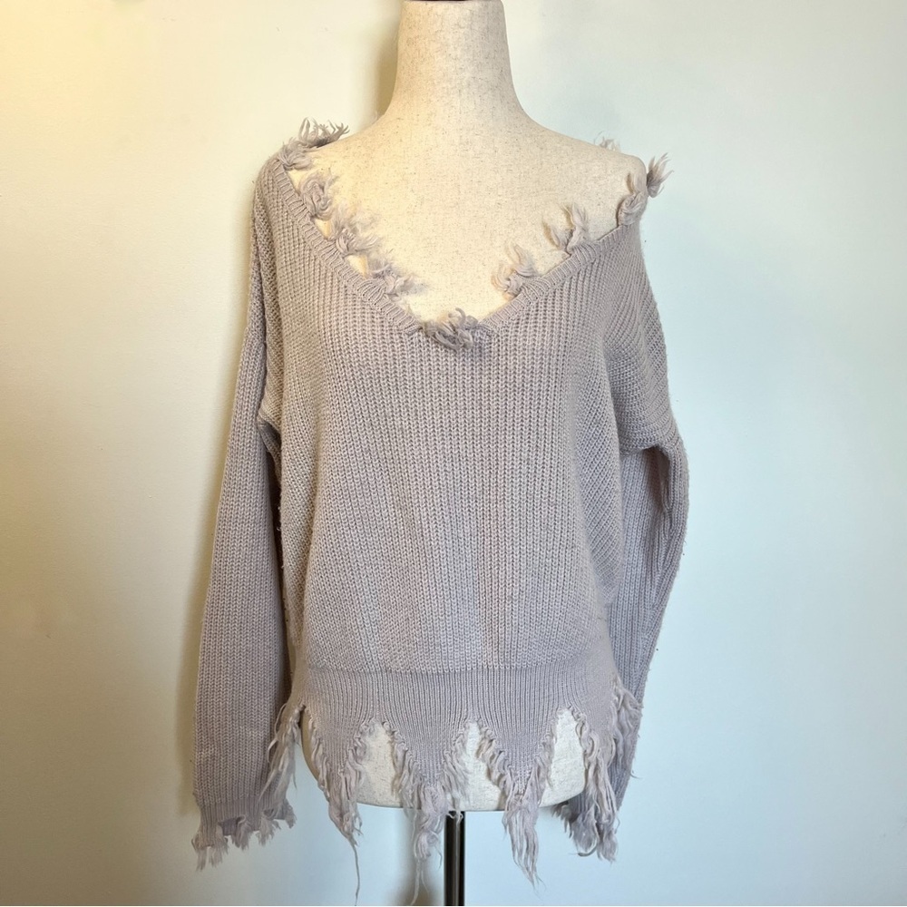 Purple Off the Shoulder Distressed Fringe Knit Sweater